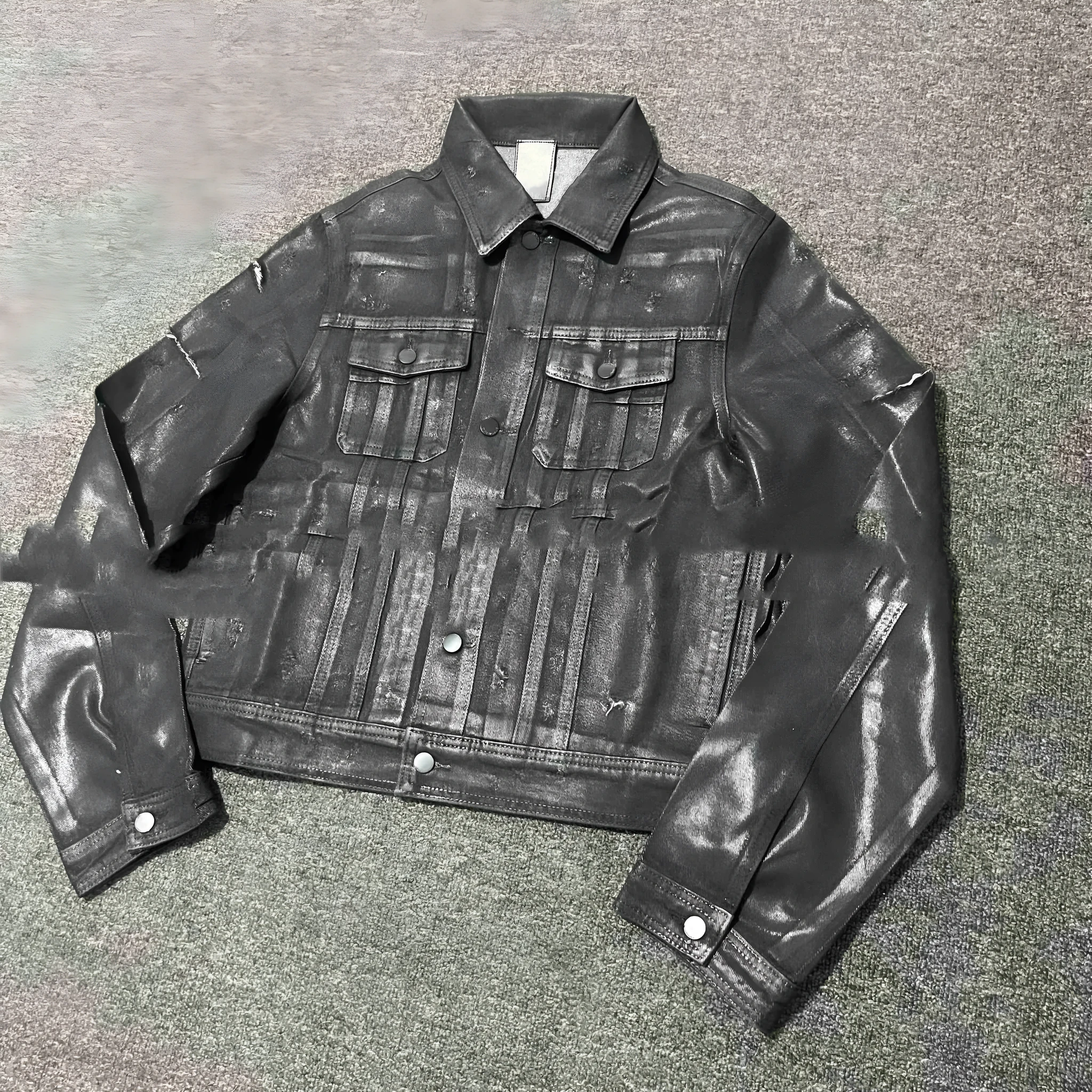 Denim coat archive short slim jacket men black polyester lapel collar long sleeves