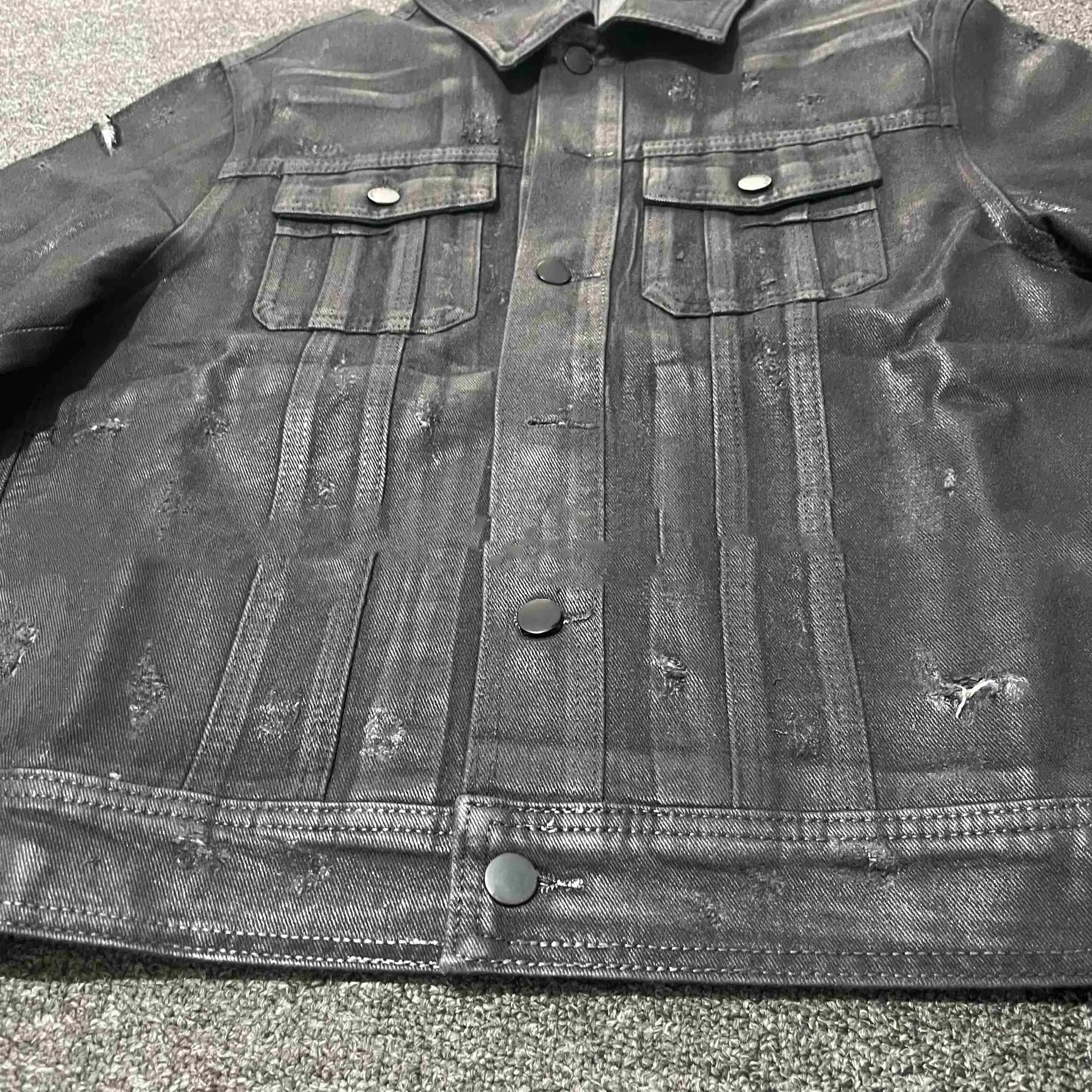 Denim coat archive short slim jacket men black polyester lapel collar long sleeves