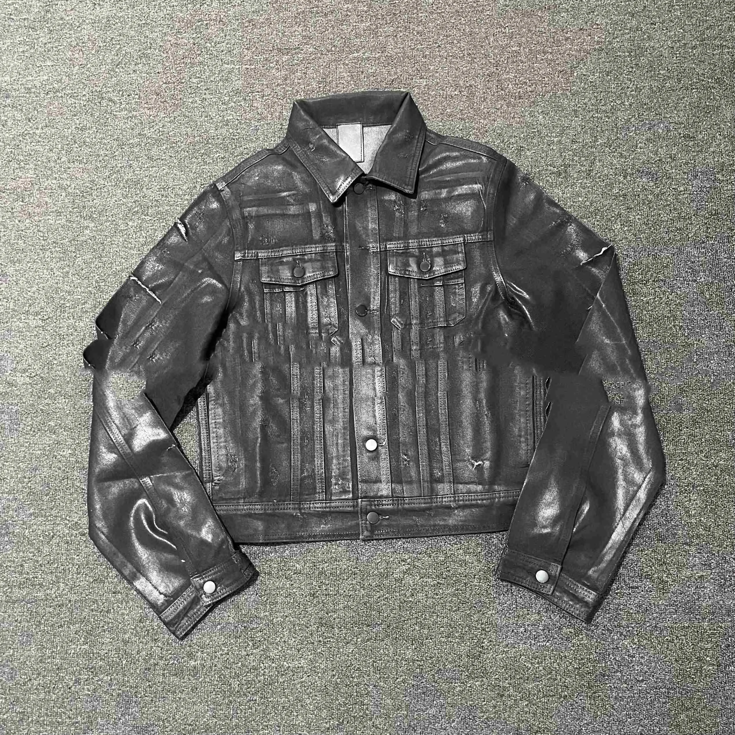Denim coat archive short slim jacket men black polyester lapel collar long sleeves