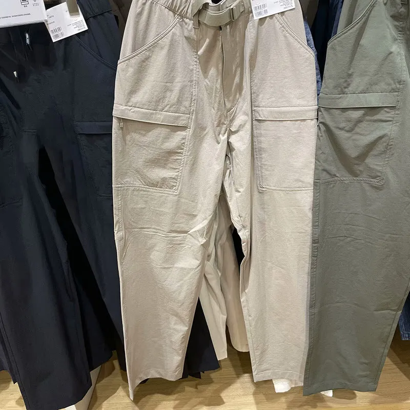 Men's beige straight-leg casual trousers with a mid-waist, made from bamboo fibre fabric.