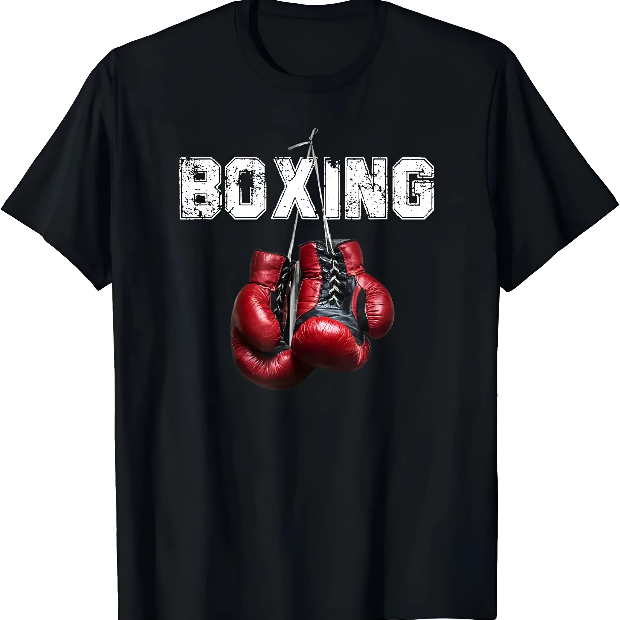 Fun pattern boxing short sleeve cotton T-shirt for men, loose fit, black KCAT213, front view