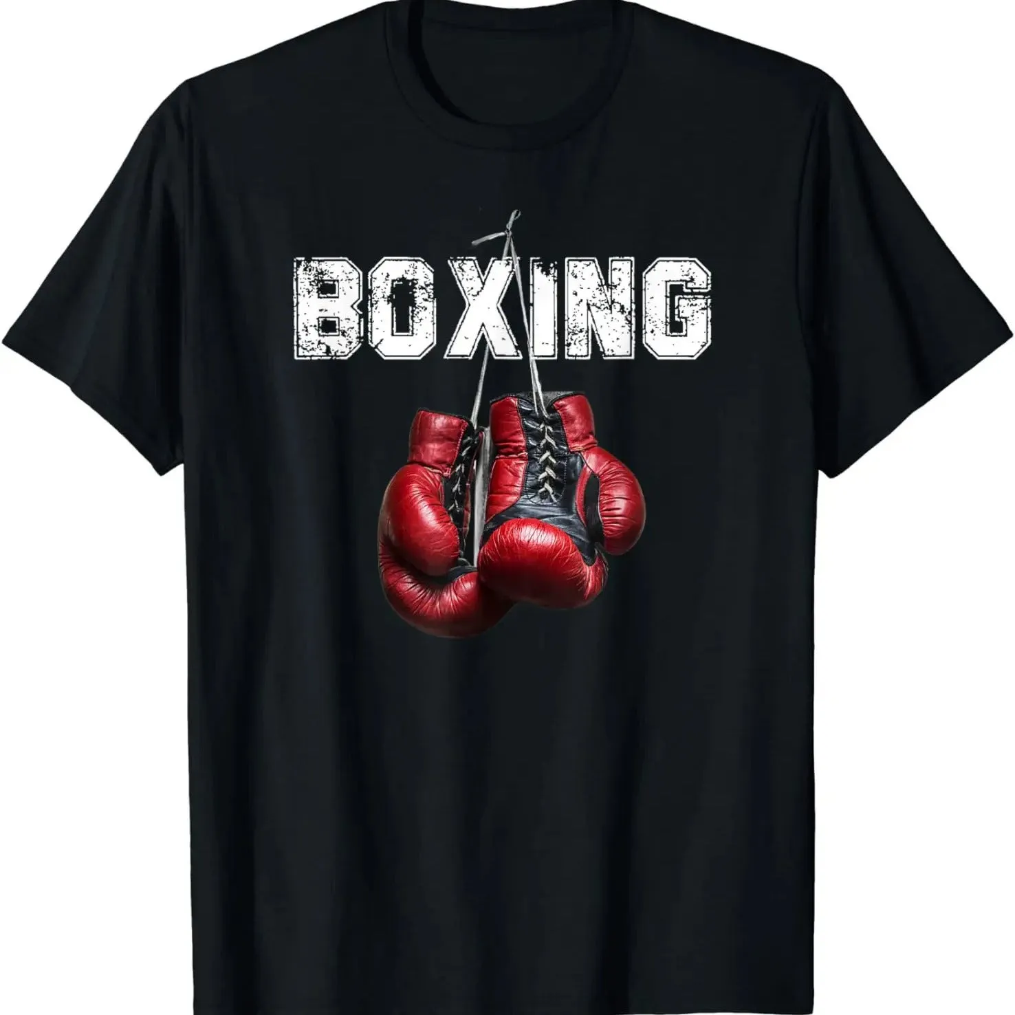 Fun pattern boxing short sleeve cotton T-shirt for men, loose fit, black KCAT213, front view