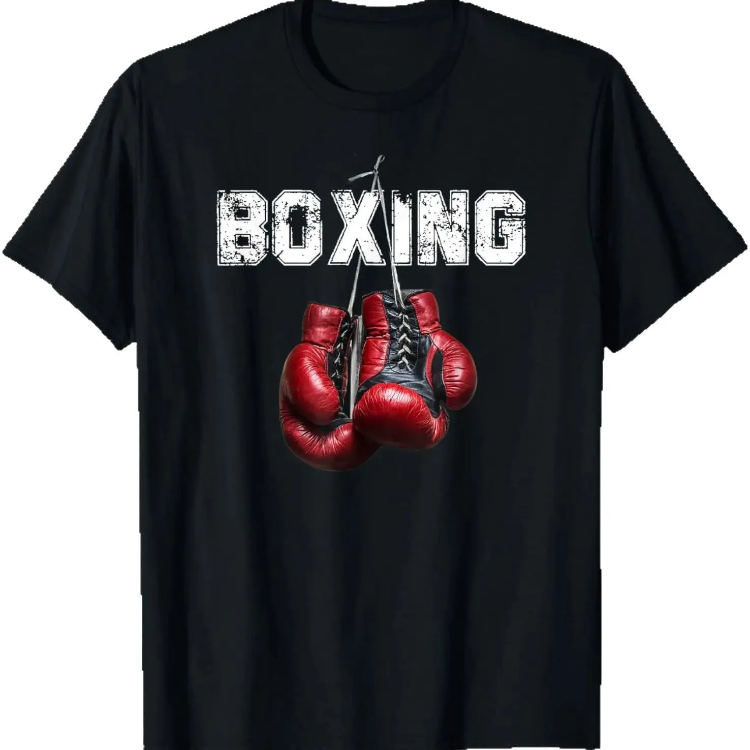 Fun pattern boxing short sleeve cotton T-shirt for men, loose fit, black KCAT213, front view