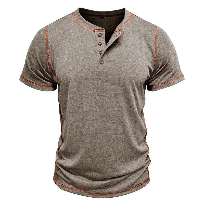 Men's short sleeve Henley shirt in solid colour, slim-fit cotton blend, round neck pullover style