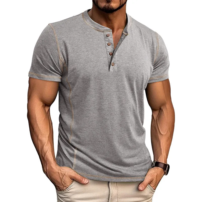 Men's short sleeve Henley shirt in solid colour, slim-fit cotton blend, round neck pullover style