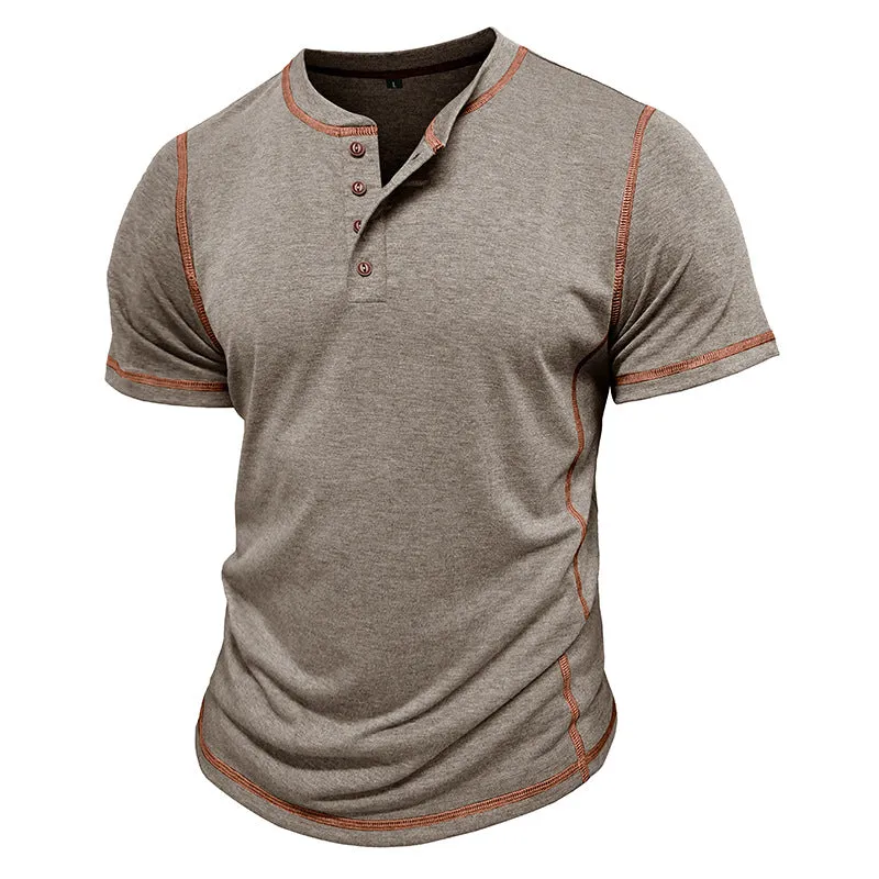 Men's short sleeve Henley shirt in solid colour, slim-fit cotton blend, round neck pullover style