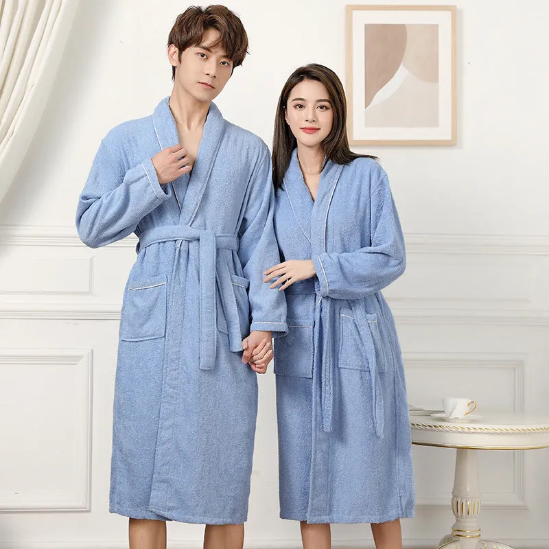 Cotton terry bathrobe in peacock blue, super thick 301-350g, simple casual style for men and women