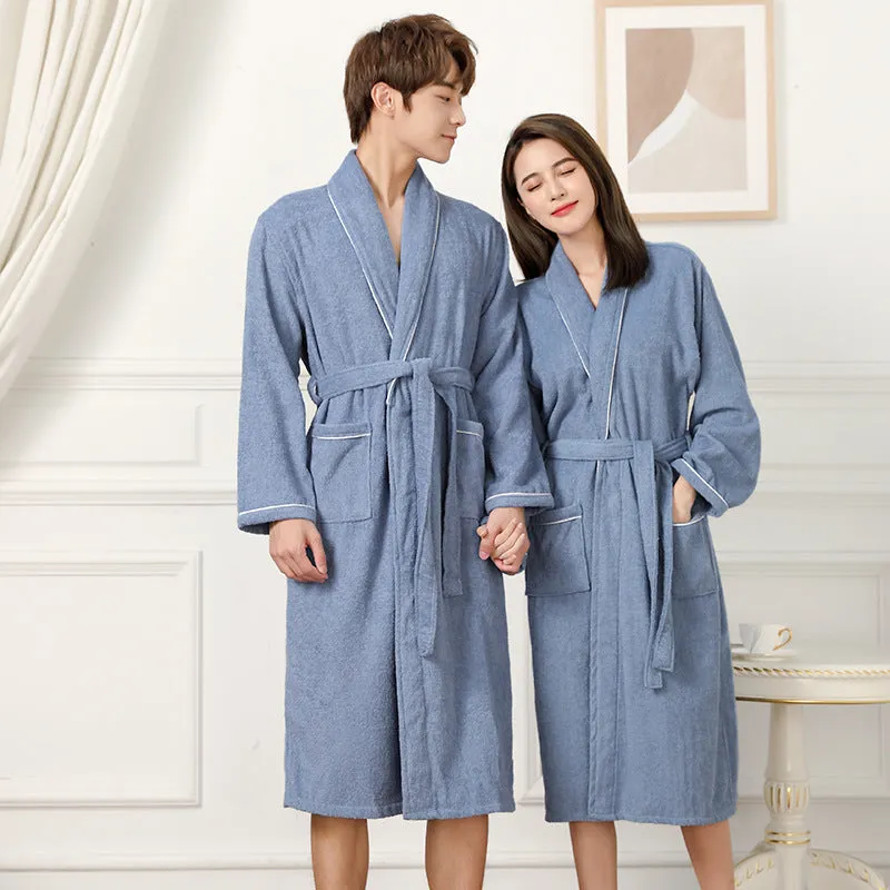 Cotton terry bathrobe in peacock blue, super thick 301-350g, simple casual style for men and women