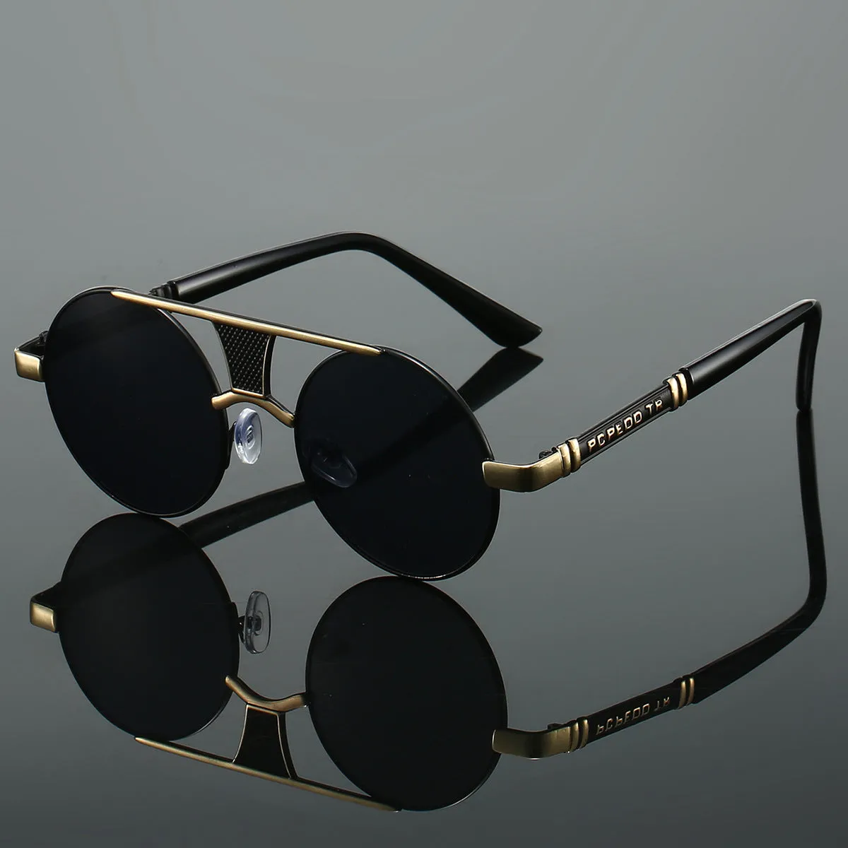 Men's double beam round frame sunglasses with PC lenses in black frame black colour variant