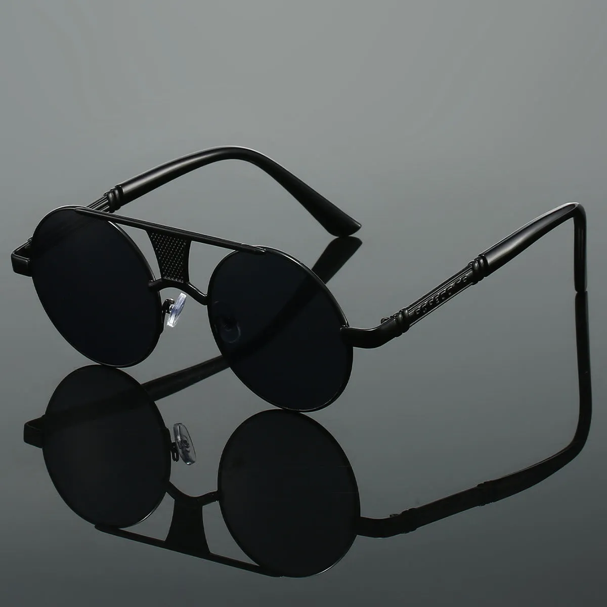 Men's double beam round frame sunglasses with PC lenses in black frame black colour variant