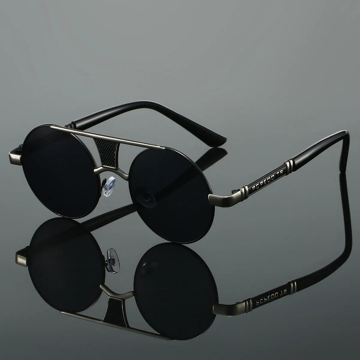 Men's double beam round frame sunglasses with PC lenses in black frame black colour variant