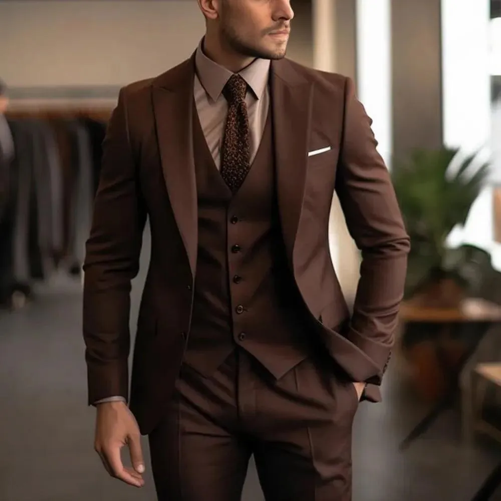 Men's slim fit three-piece business suit set in light style, polyester blend fabric, including top trousers and waistcoat
