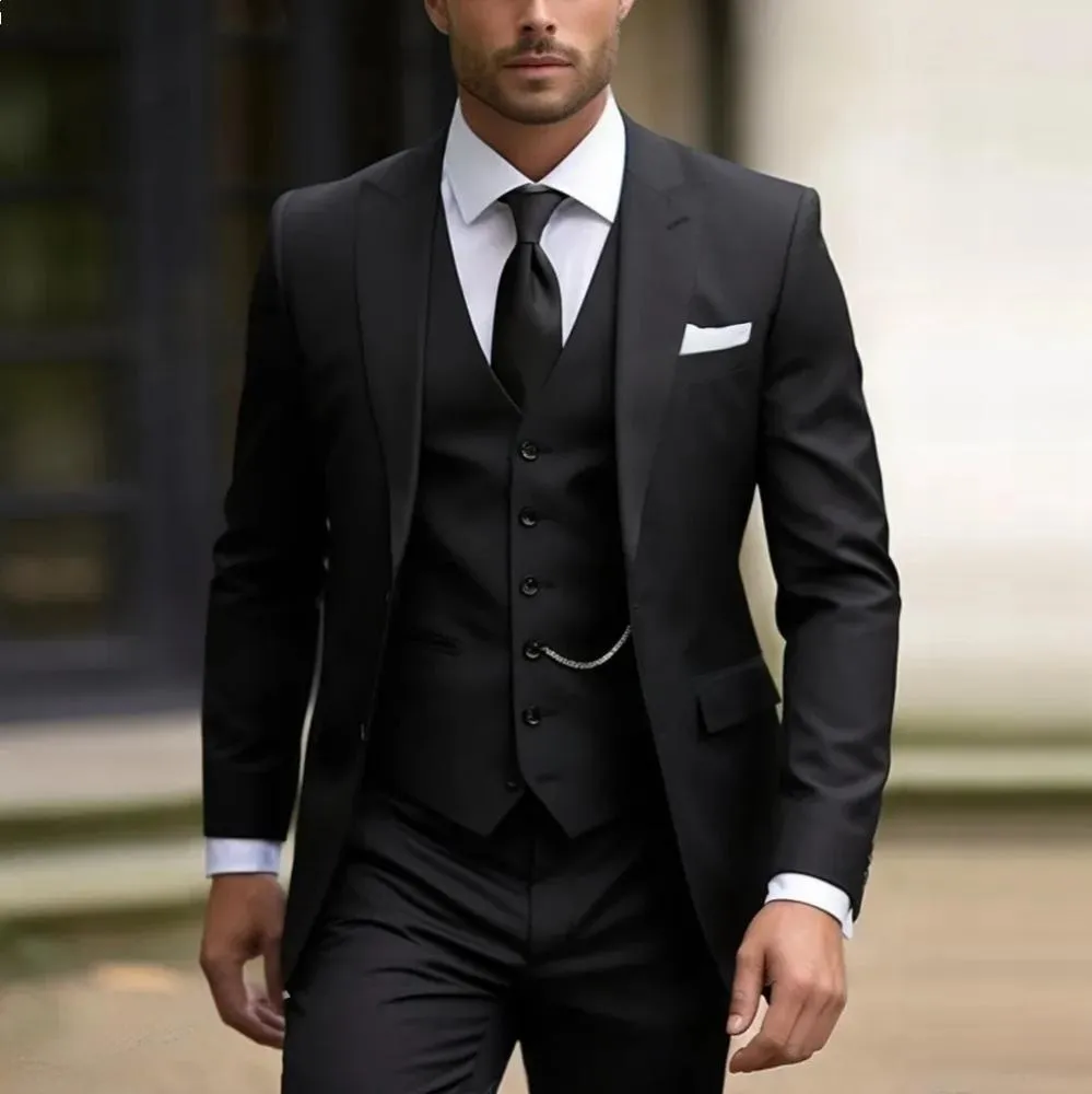 Men's slim fit three-piece business suit set in light style, polyester blend fabric, including top trousers and waistcoat