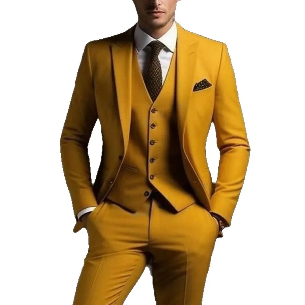 Men's slim fit three-piece business suit set in light style, polyester blend fabric, including top trousers and waistcoat