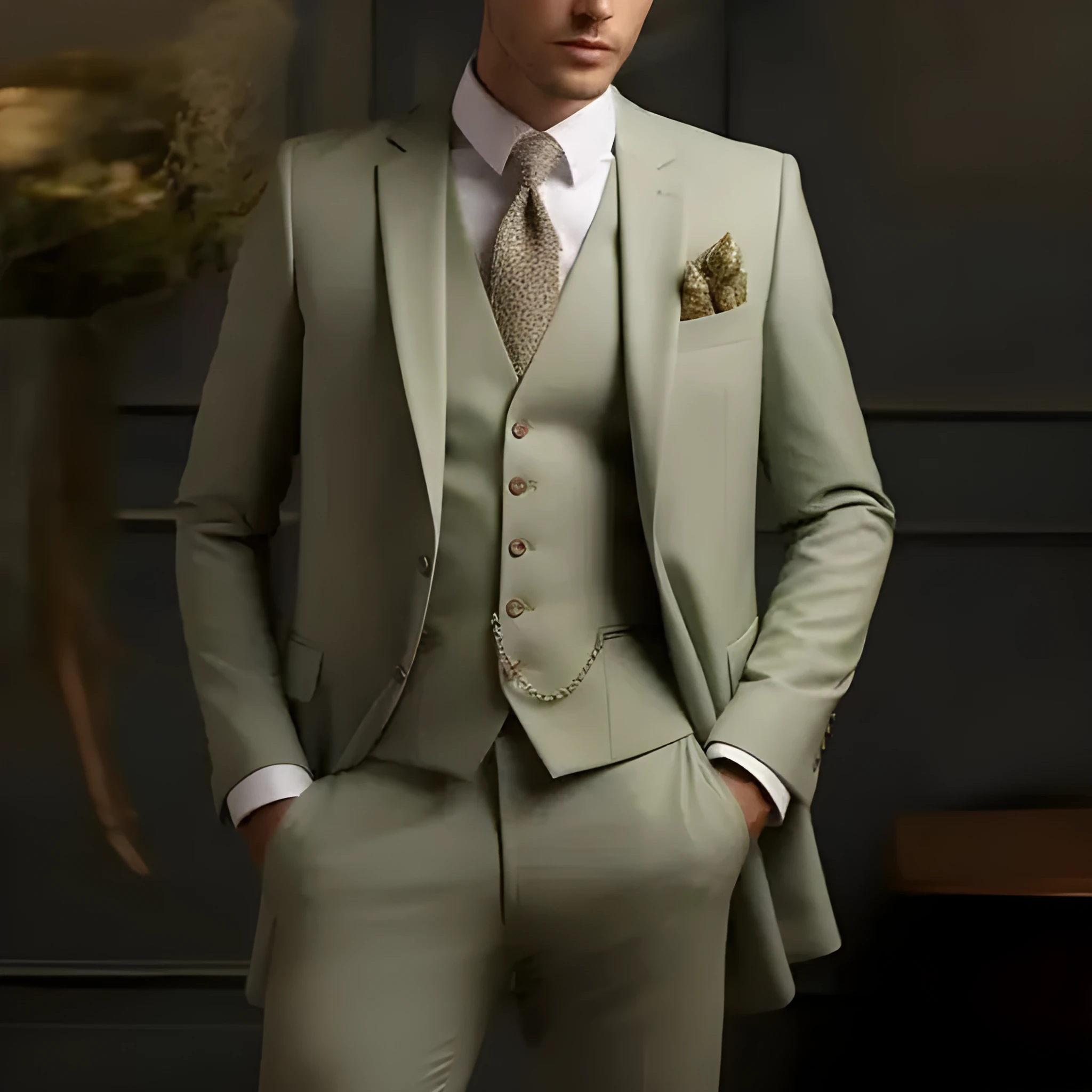 Men's slim fit three-piece business suit set in light style, polyester blend fabric, including top trousers and waistcoat