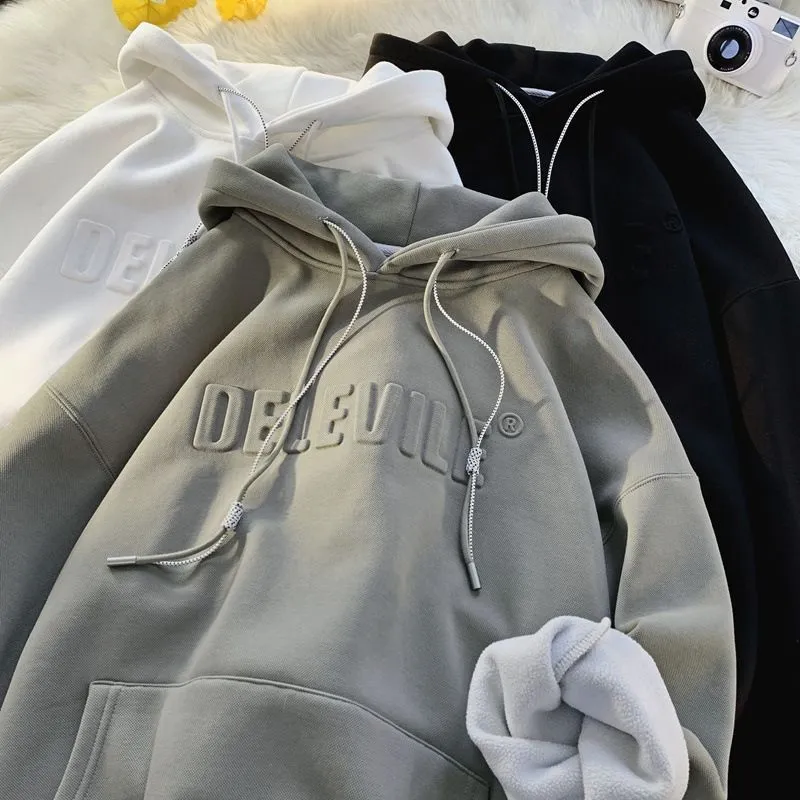 Men's hooded hoodie in American-style loose fit, polyester long sleeve top in black