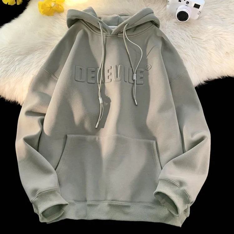 Men's hooded hoodie in American-style loose fit, polyester long sleeve top in black