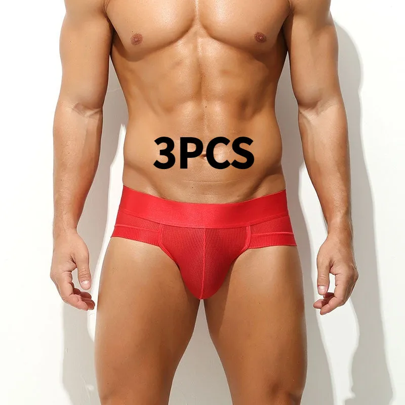 Men's ice silk mesh low-rise briefs in black solid colour on a plain background