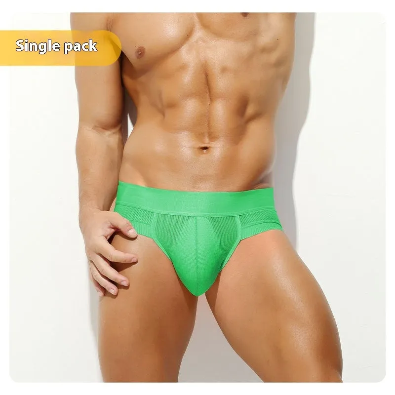 Men's ice silk mesh low-rise briefs in black solid colour on a plain background