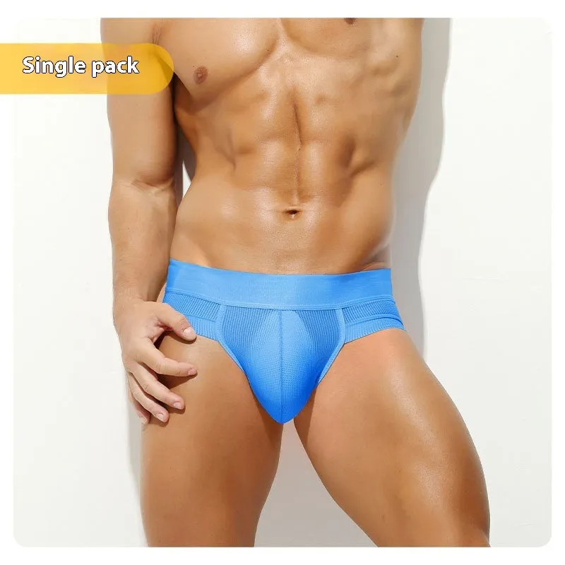 Men's ice silk mesh low-rise briefs in black solid colour on a plain background