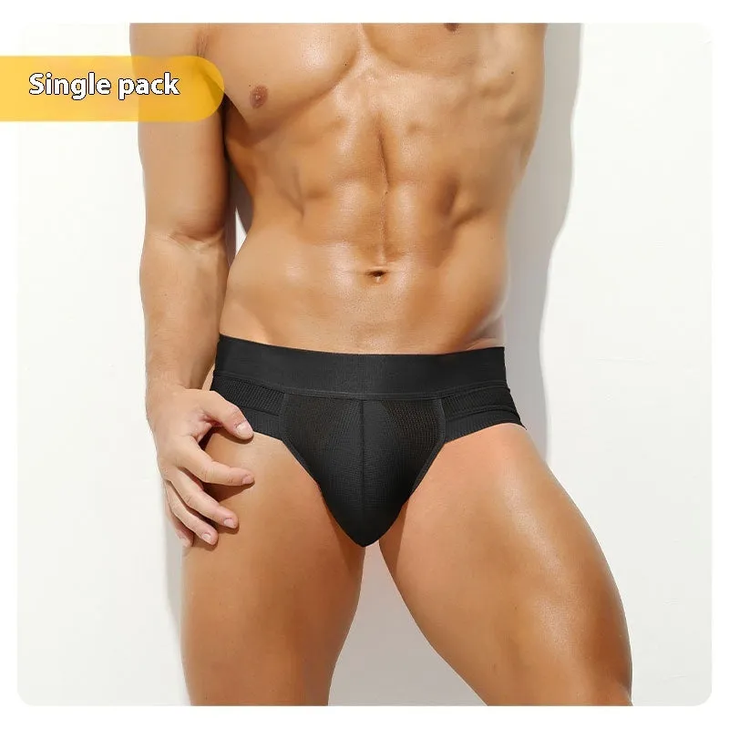 Men's ice silk mesh low-rise briefs in black solid colour on a plain background