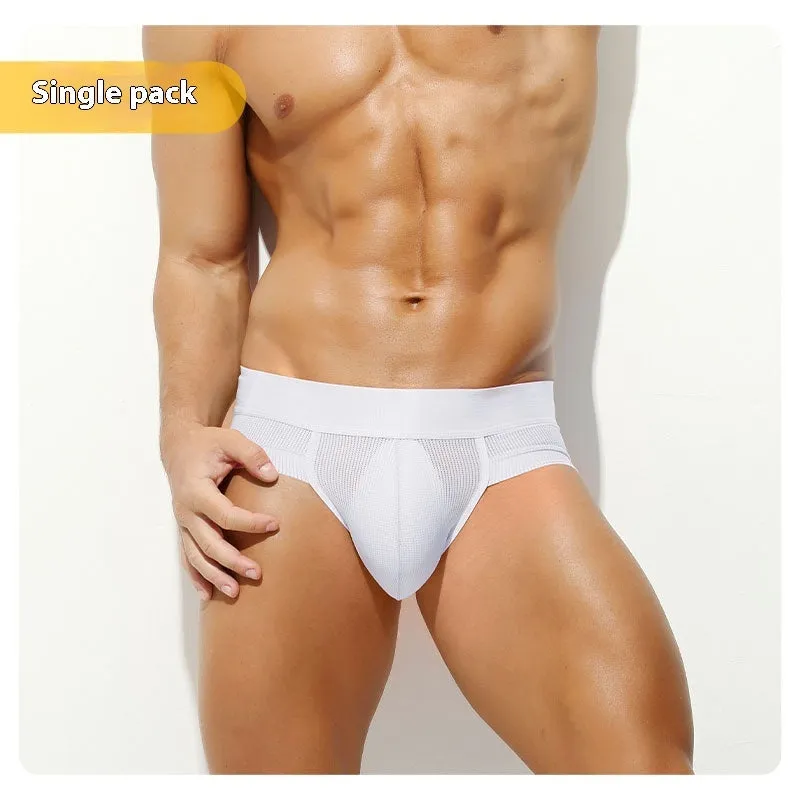 Men's ice silk mesh low-rise briefs in black solid colour on a plain background