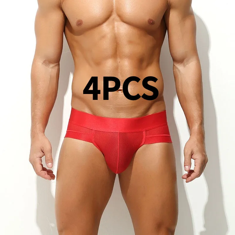 Men's ice silk mesh low-rise briefs in black solid colour on a plain background
