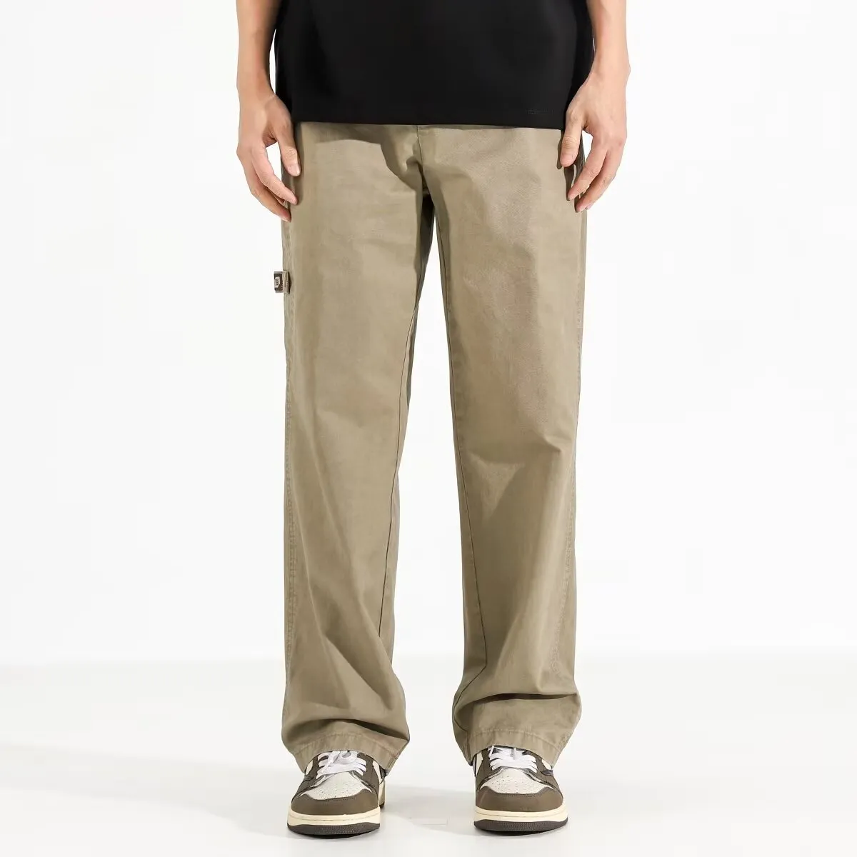 All-match loose wide-leg pants in black drawstring mid-waist style