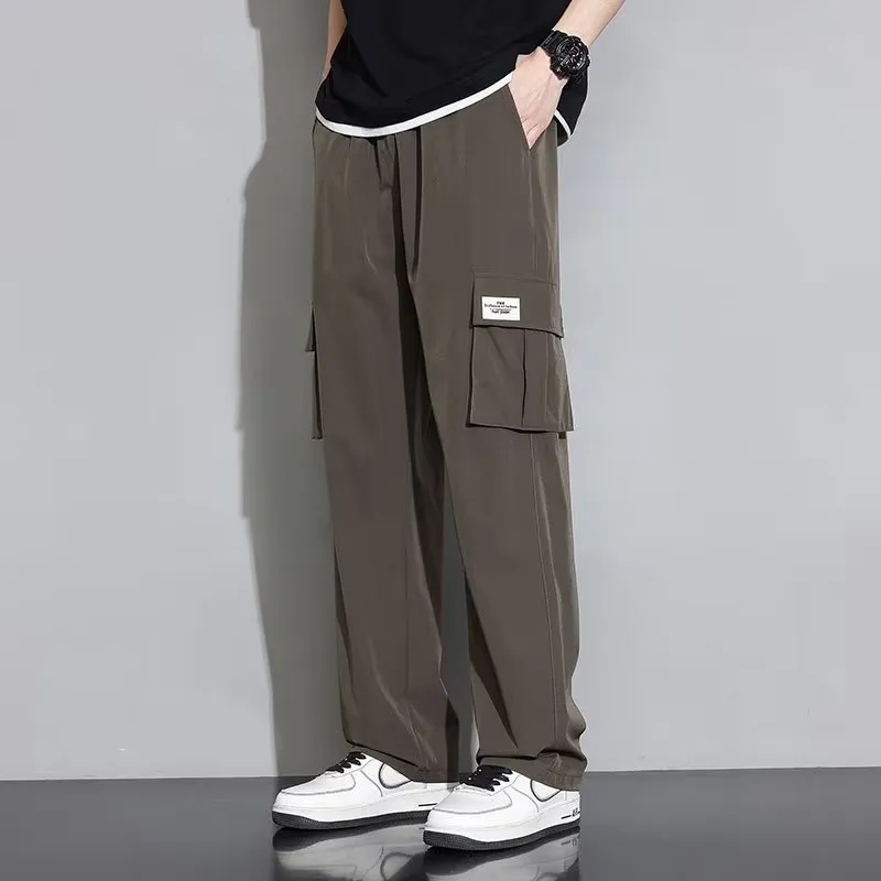 Men's summer ice silk overalls set with short sleeves in black, dark gray, brown green, and white, sizes M to 5XL