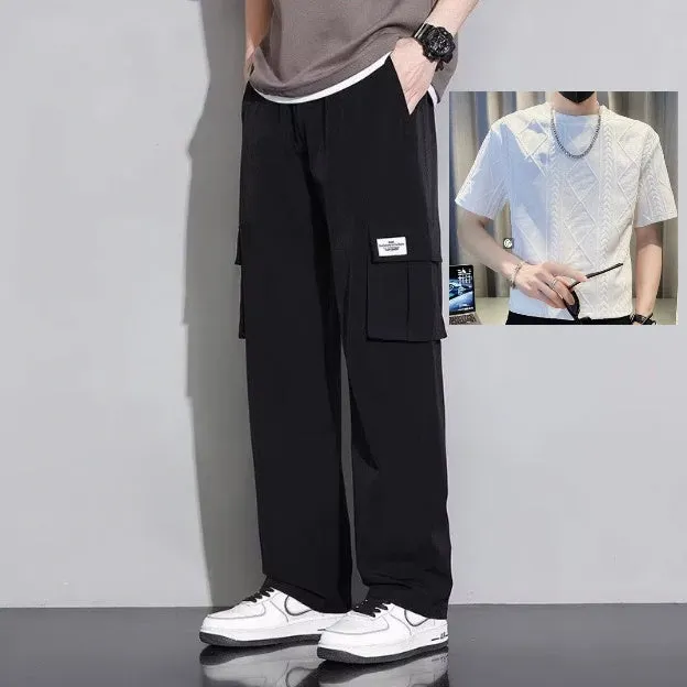 Men's summer ice silk overalls set with short sleeves in black, dark gray, brown green, and white, sizes M to 5XL