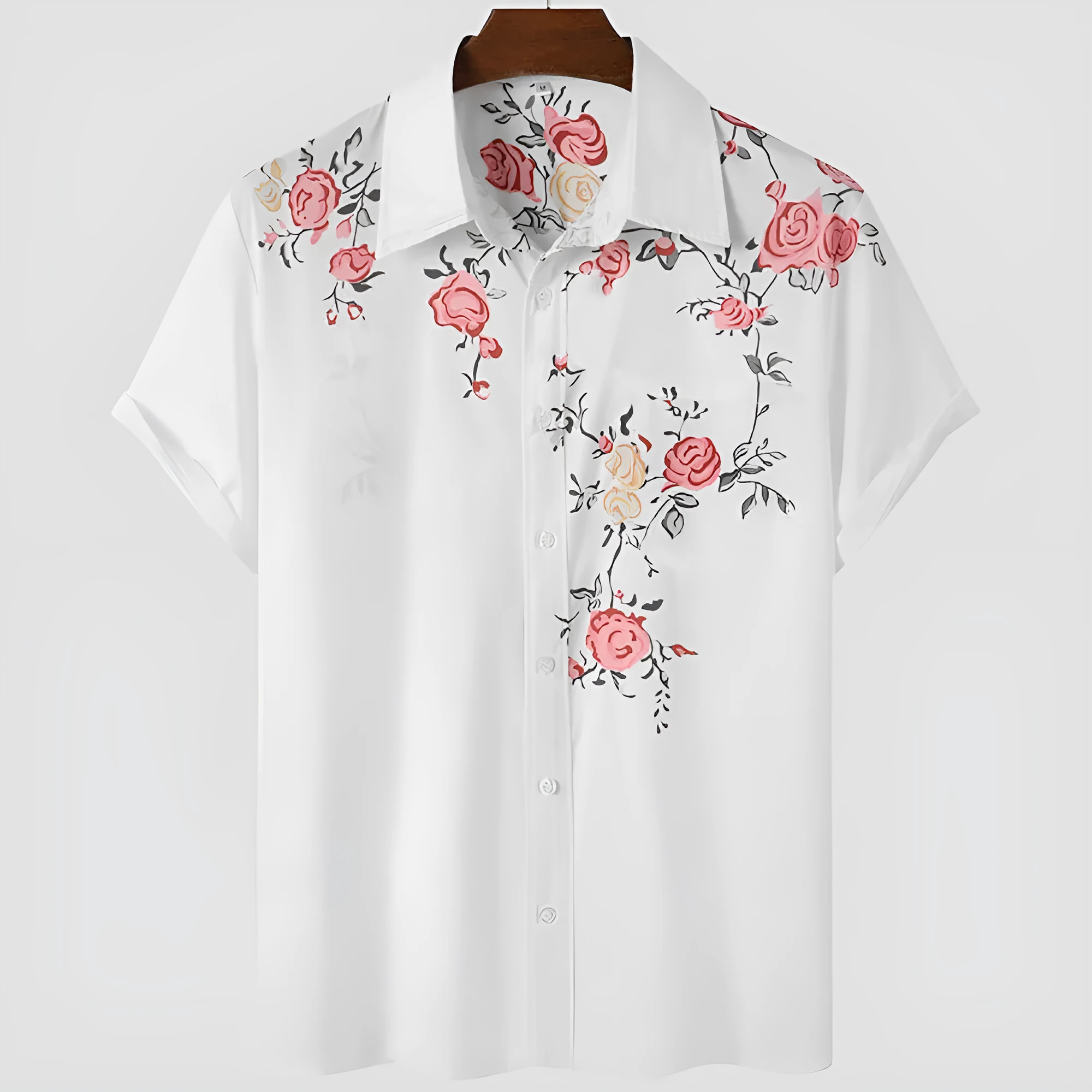 Men's printed plant pattern short sleeve shirt in casual fit, polyester fabric, available in multiple colours