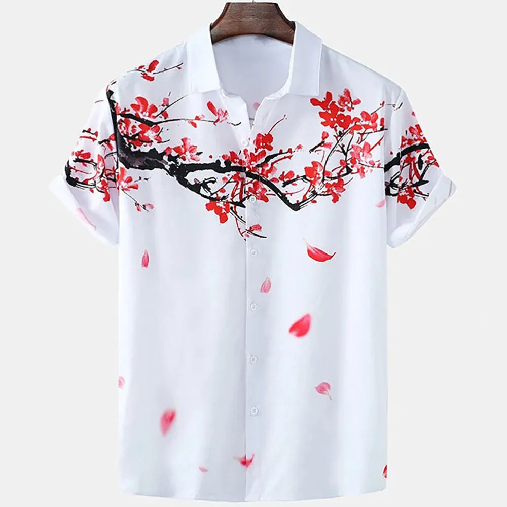 Men's printed plant pattern short sleeve shirt in casual fit, polyester fabric, available in multiple colours