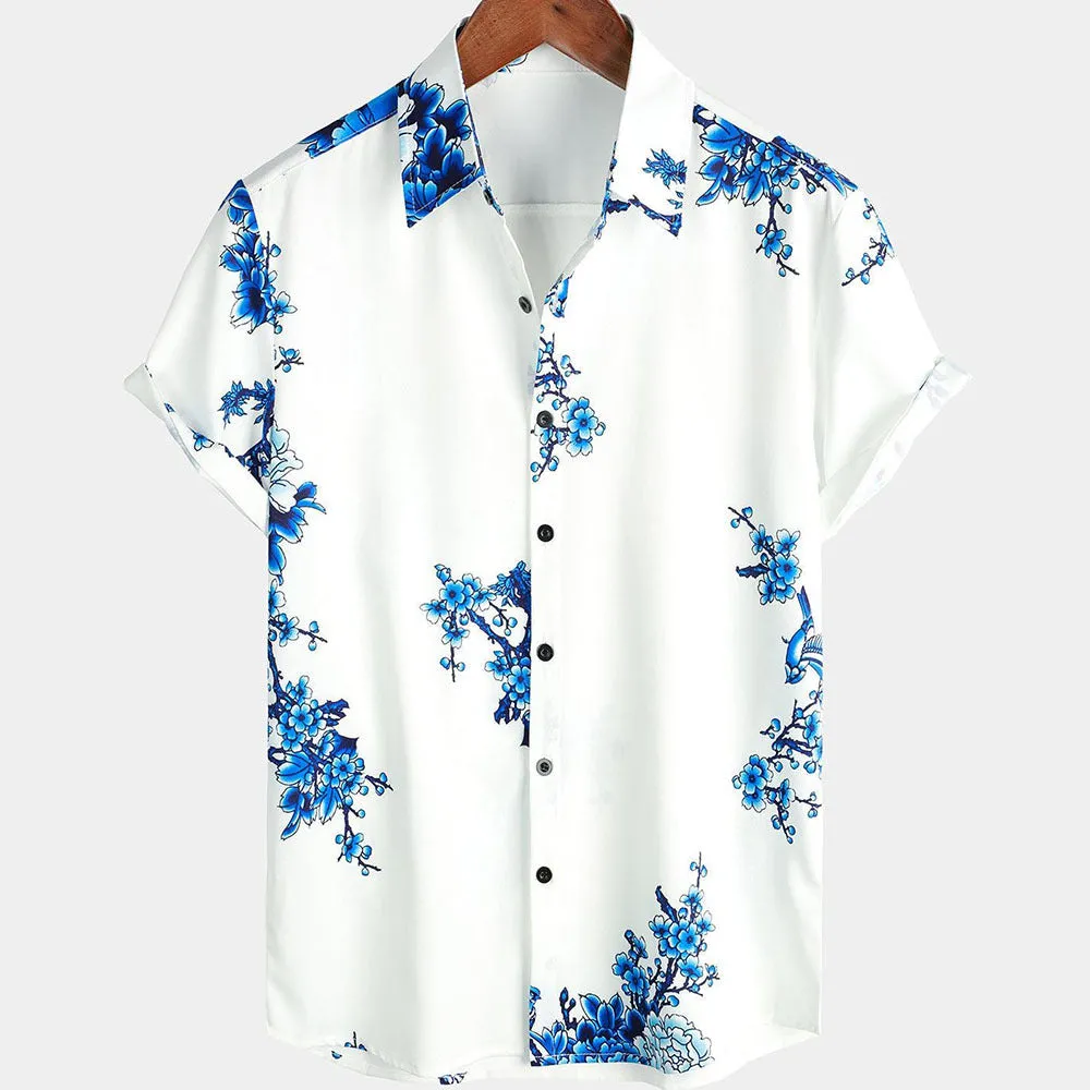 Men's printed plant pattern short sleeve shirt in casual fit, polyester fabric, available in multiple colours