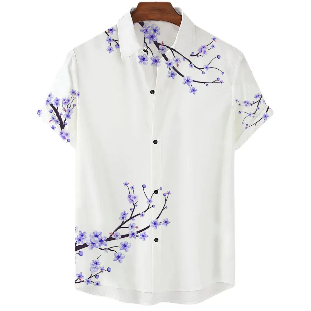 Men's printed plant pattern short sleeve shirt in casual fit, polyester fabric, available in multiple colours
