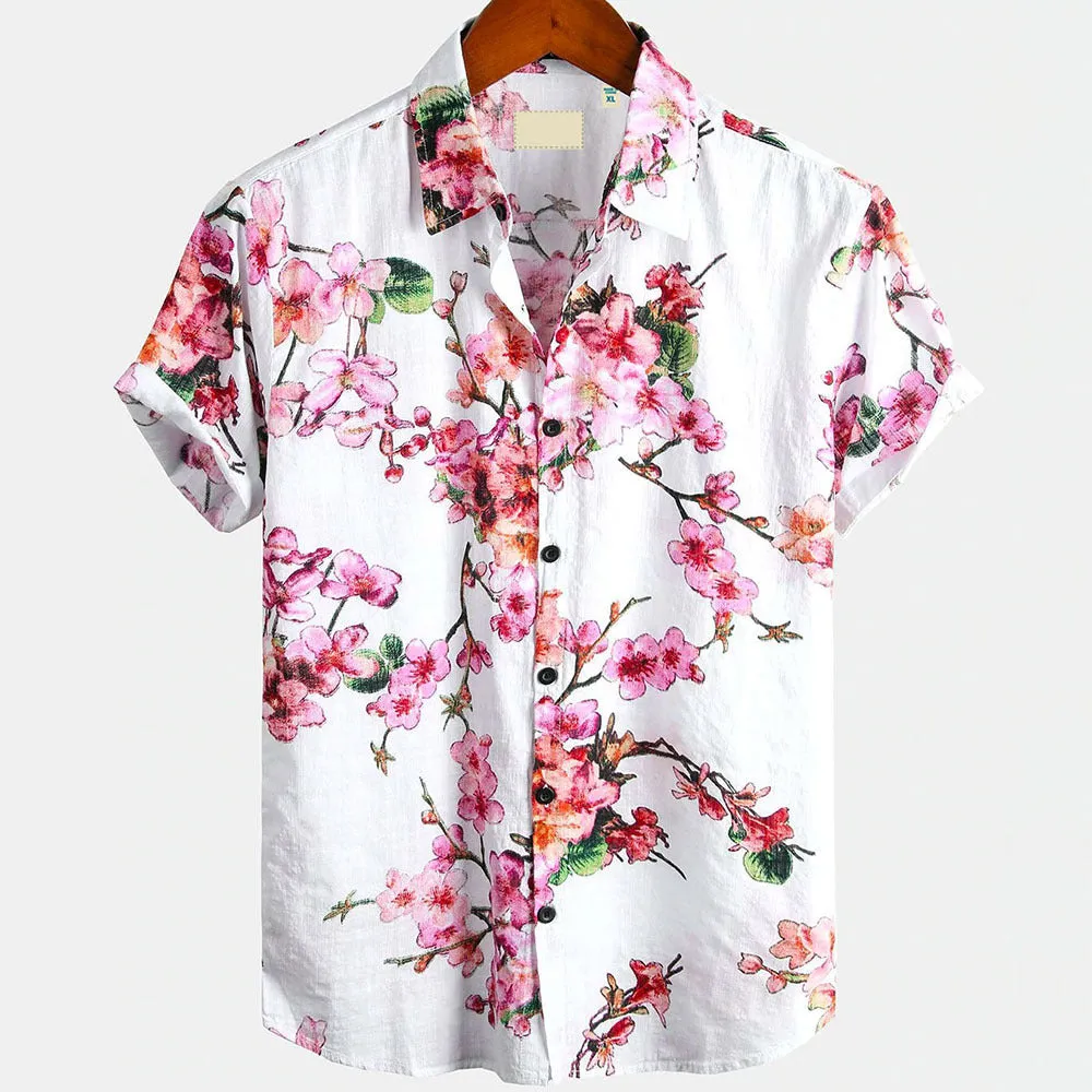 Men's printed plant pattern short sleeve shirt in casual fit, polyester fabric, available in multiple colours