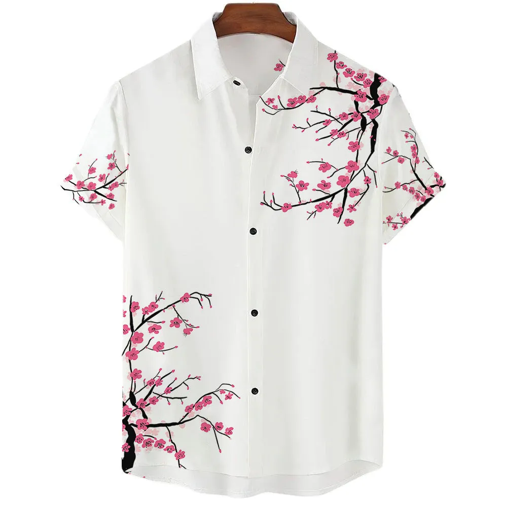 Men's printed plant pattern short sleeve shirt in casual fit, polyester fabric, available in multiple colours