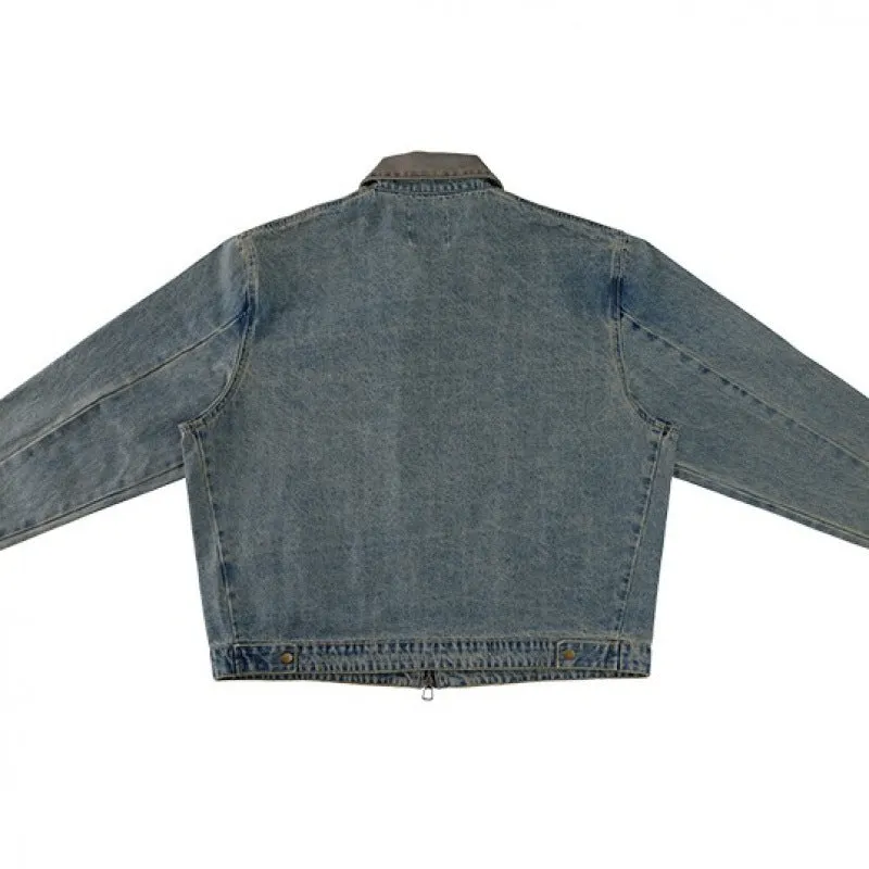 American retro Detroit men's blue cotton blend jacket, no pockets, regular fit, front view