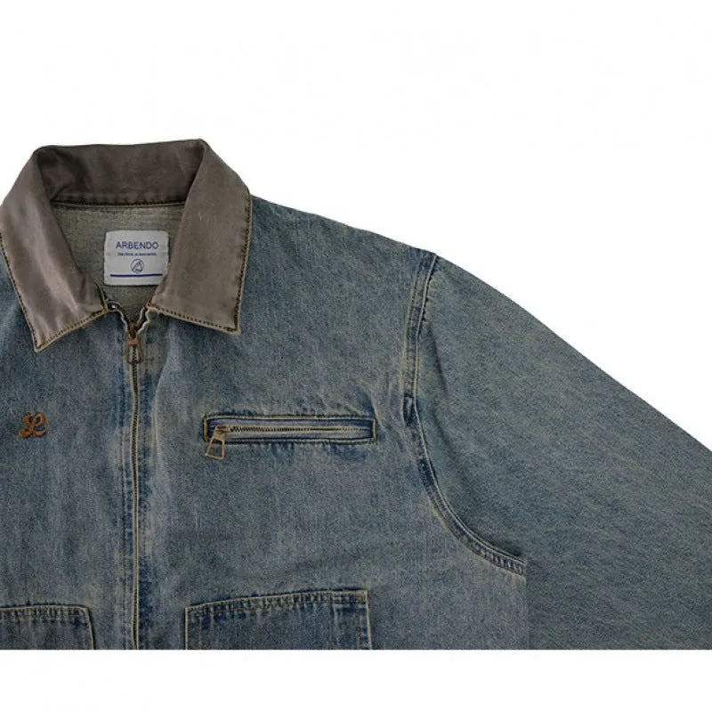 American retro Detroit men's blue cotton blend jacket, no pockets, regular fit, front view
