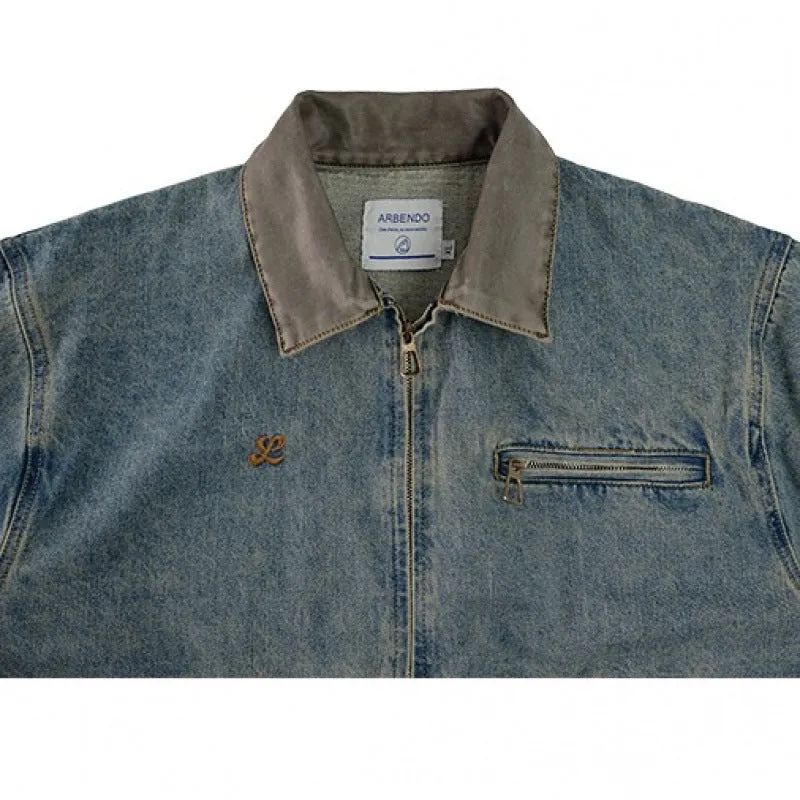 American retro Detroit men's blue cotton blend jacket, no pockets, regular fit, front view