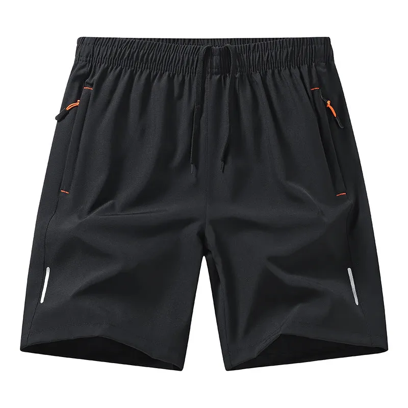 European size men's athletic shorts in black polyester, straight-leg summer sports shorts