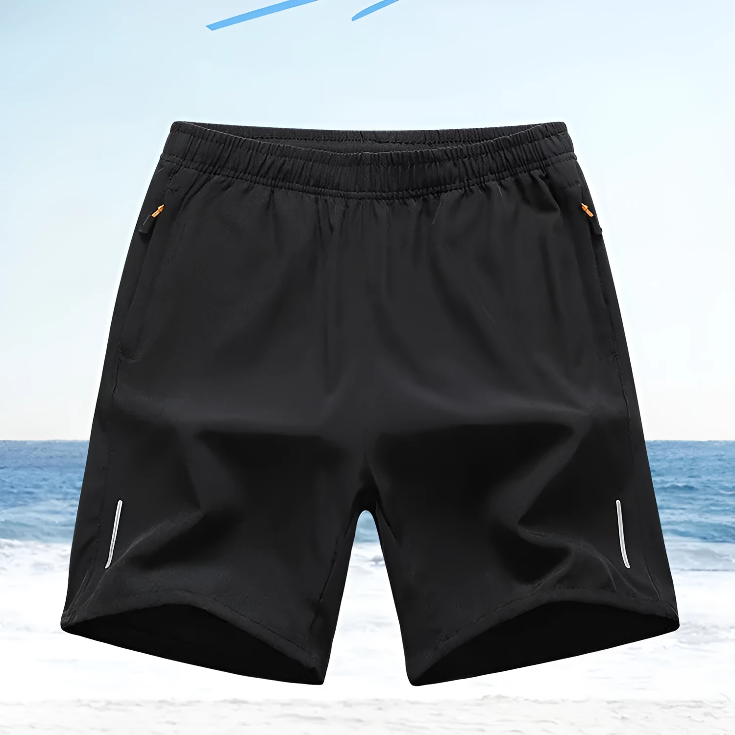 European size men's athletic shorts in black polyester, straight-leg summer sports shorts