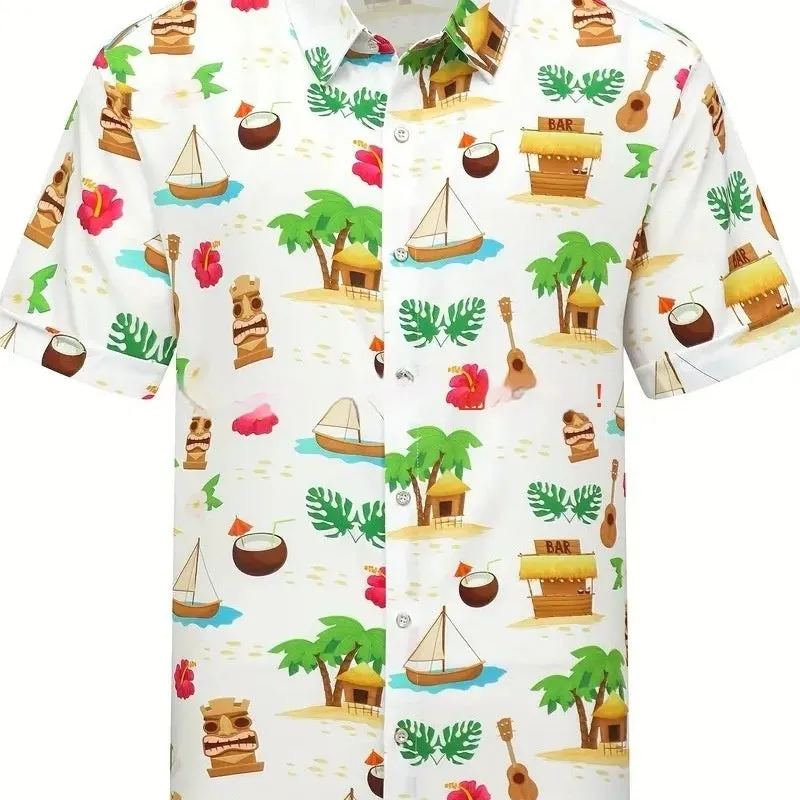 Men's plus size short sleeve cardigan in polyester, slim fit, digital print, available in sizes S to 5XL