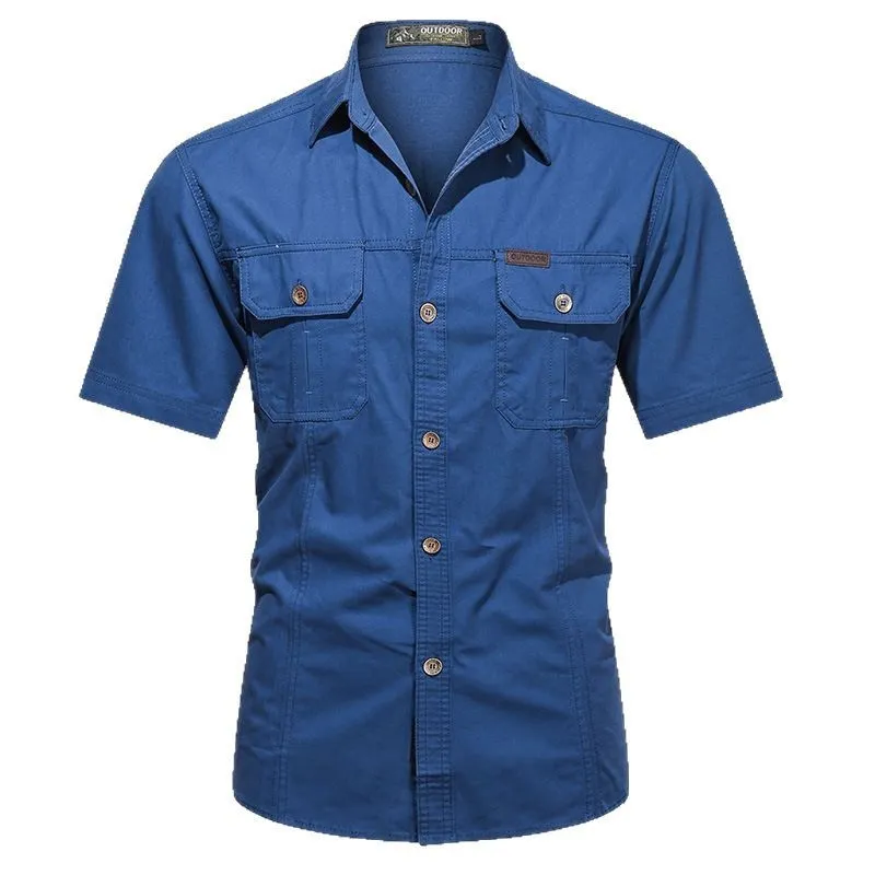 Men's army green cotton work shirt with short sleeves and a cardigan style, laid flat.