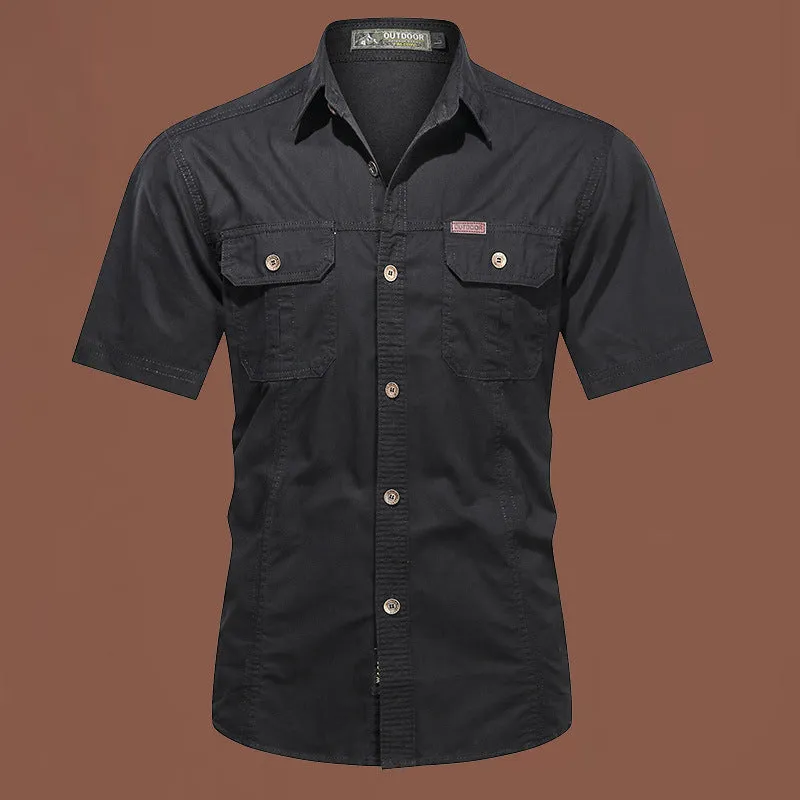 Men's army green cotton work shirt with short sleeves and a cardigan style, laid flat.