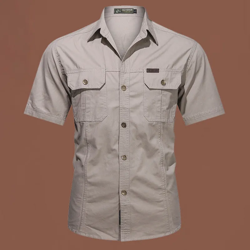 Men's army green cotton work shirt with short sleeves and a cardigan style, laid flat.