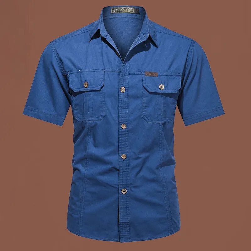 Men's army green cotton work shirt with short sleeves and a cardigan style, laid flat.