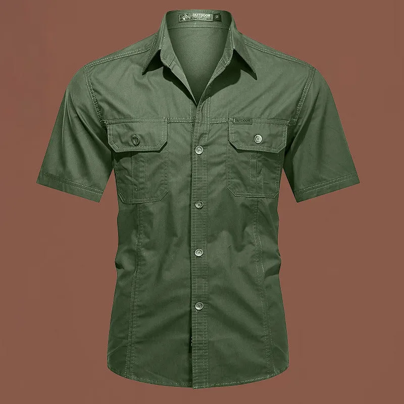 Men's army green cotton work shirt with short sleeves and a cardigan style, laid flat.