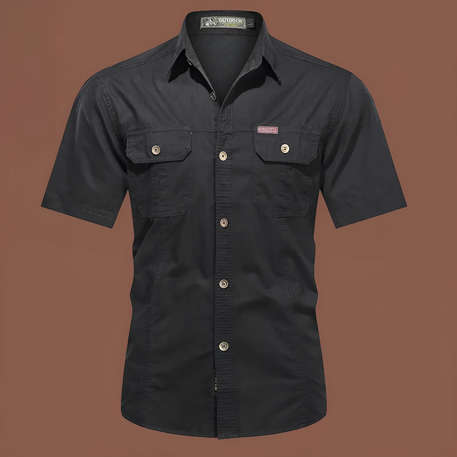 Men's army green cotton work shirt with short sleeves and a cardigan style, laid flat.