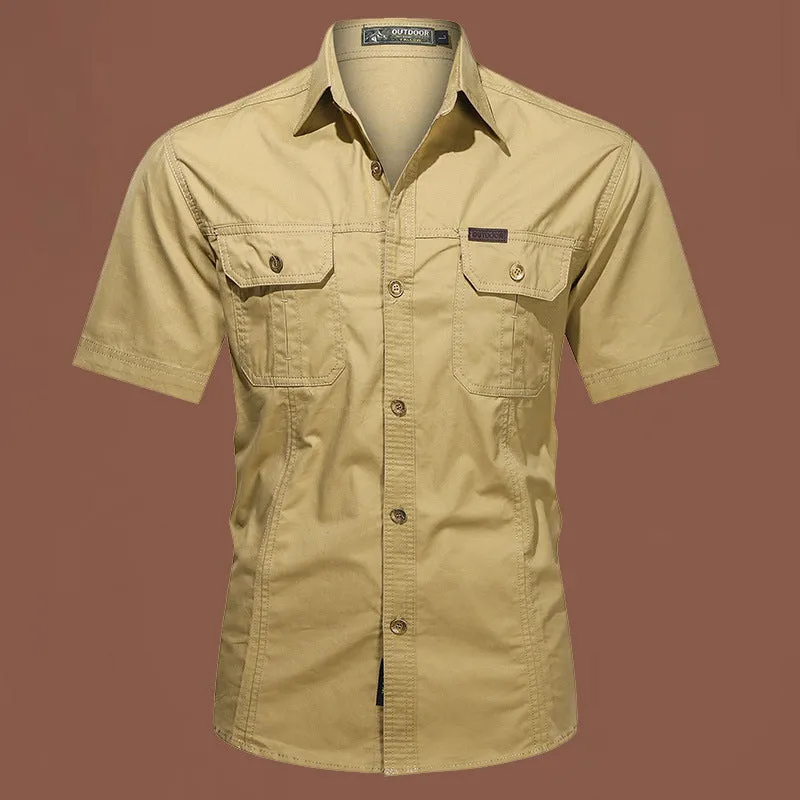 Men's army green cotton work shirt with short sleeves and a cardigan style, laid flat.