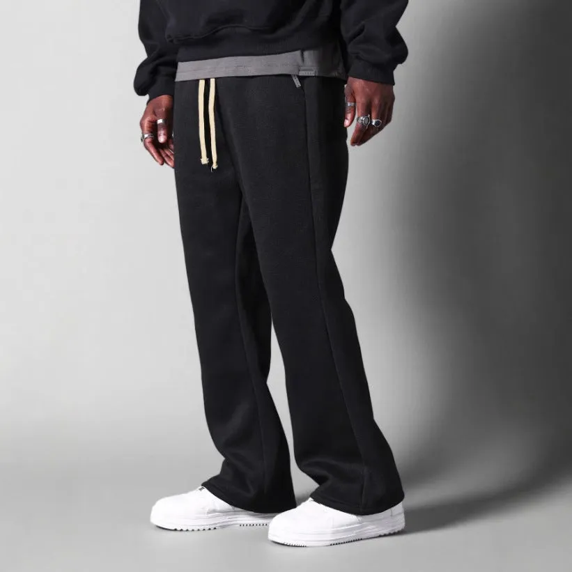 Men's wide-leg solid colour casual trousers, ring fabric polyester, mid waist loose fit autumn pants in black